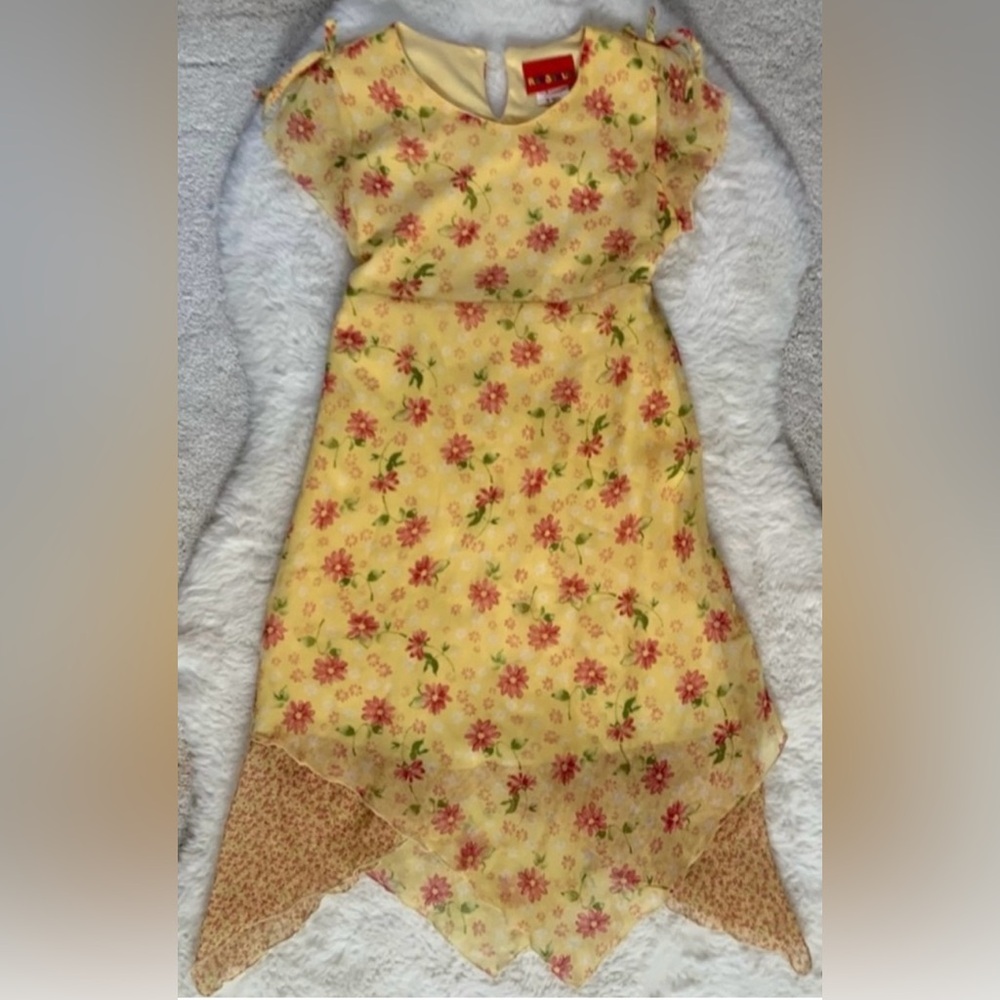 Vintage Ragscals Yellow & Pink Floral Print Napkin Hem Dress Size 8